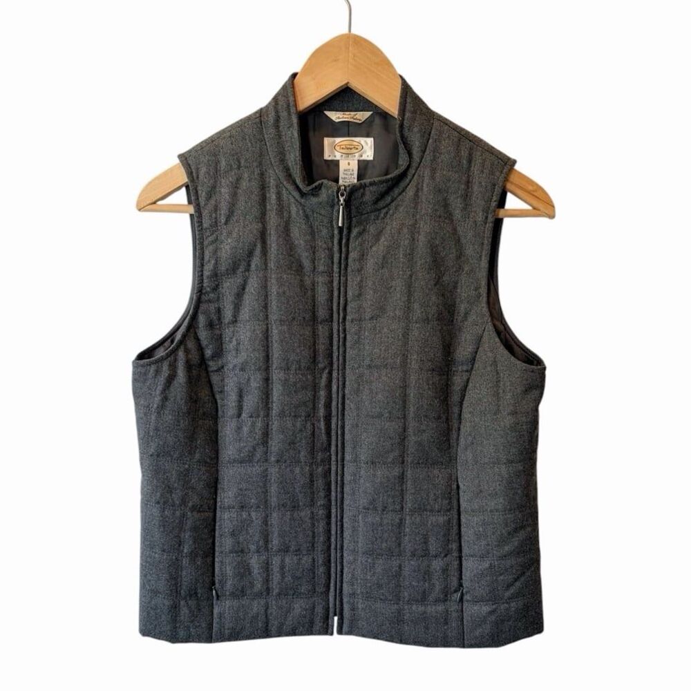 Talbots Petites Wool Vest Womens 8 Charcoal Gray Italian Fabric Quilted Zip